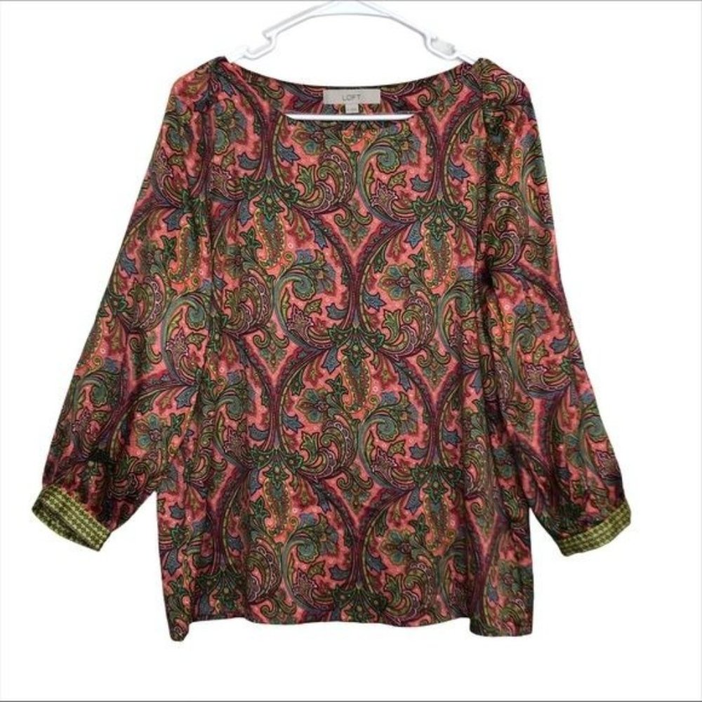 🛍️ Loft Floral Size M Blouse Multicolor Boat Neck Long Contrast Cuffed Sleeves